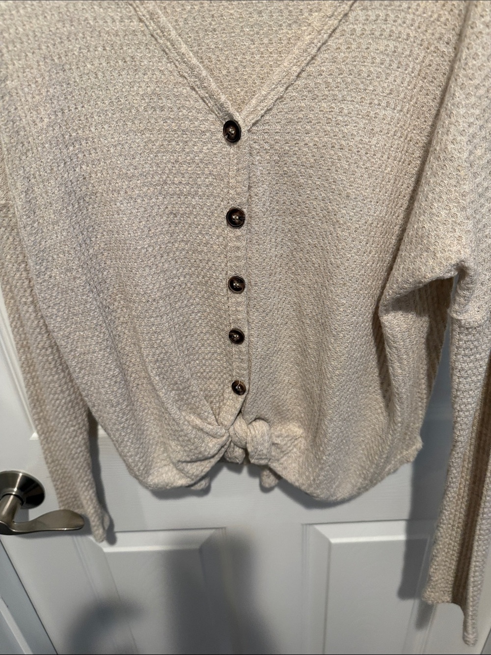 Light Beige Knit Button-Front Women’s Sweater with Front Tie - Picture 7 of 10